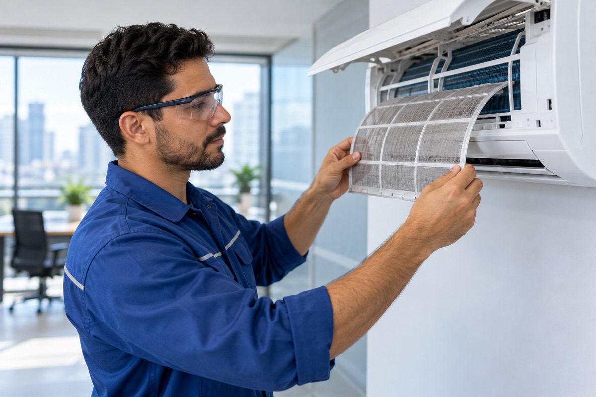 Técnico realizando inspeção do filtro de um ar-condicionado